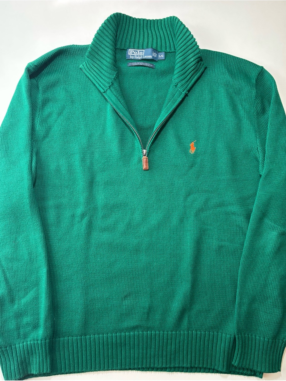 Polo by Ralph Lauren Men's Green Half-Zip waffle knit Sweater with Orange Pony